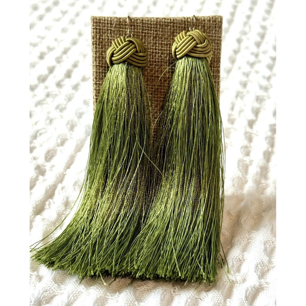 VINTAGE KNOT EARRINGS WITH GREEN TASSELS THREAD 4.75" Boho Fringe Festival
